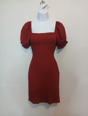 Trixxi Deep Red Puff Sleeve Smocked Bodycon Mini Dress Square Neck Stretchy